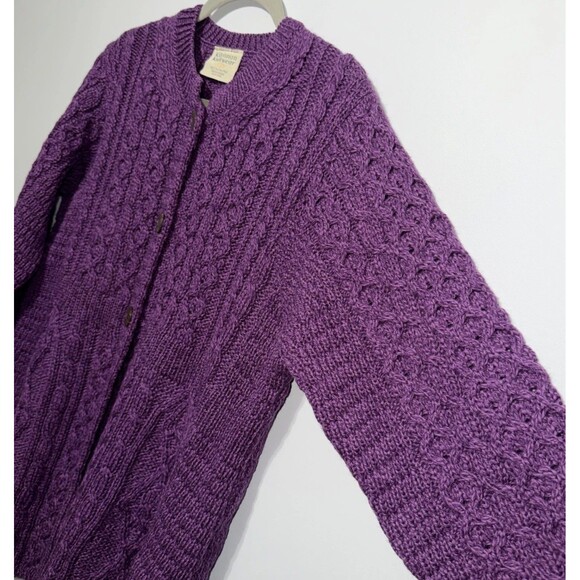 Kilronan Knitwear Sweater Women’s Size L Purple Merino Wool Cable Cardigan - Picture 3 of 7